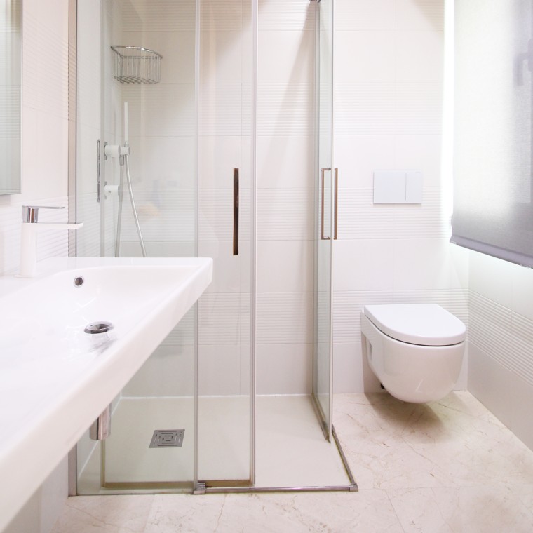 Baño con pulsador Geberit Sigma70, en la Casa Fuensanta (© Javier Callejas)