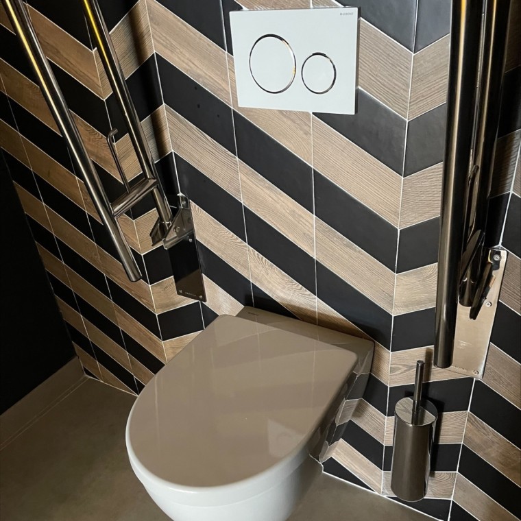 Inodoro Geberit iCon Rimfree con pulsador Sigma20 y barras de apoyo (© Hotel Florida Magaluf)