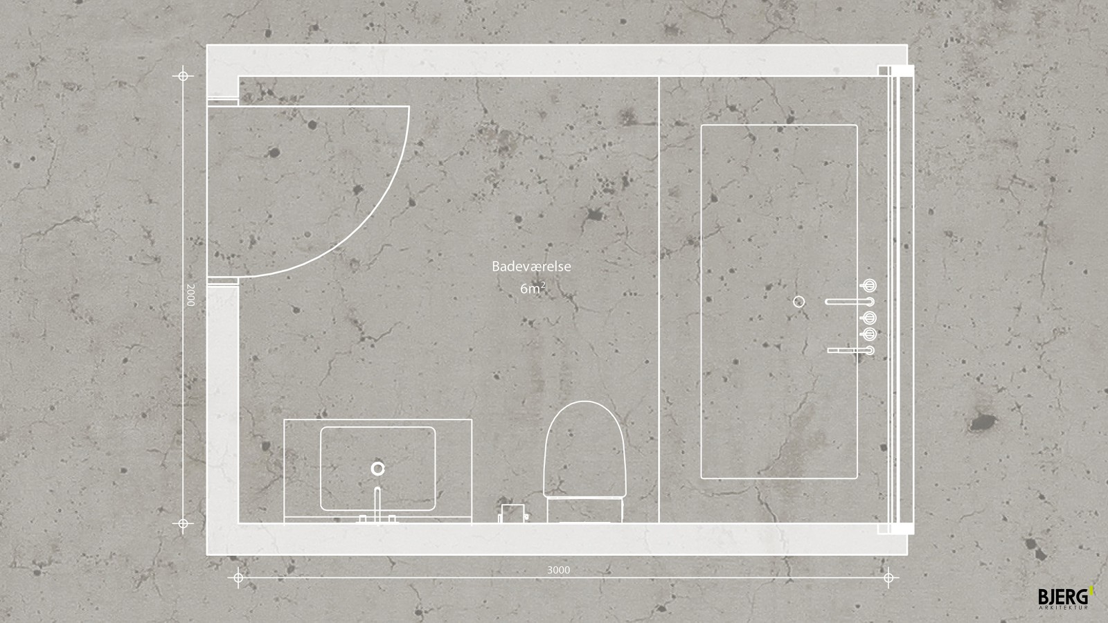 Este es el plano de planta del baño de 6 m2 de BJERG Arkitektur. (© Bjerg Arkitektur)