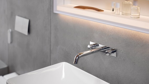 Grifo mural redondo Geberit ONE cromado con mueble para lavabo VariForm Grifo mural redondo Geberit ONE cromado con mueble para lavabo VariForm