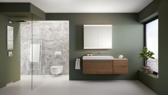 Baño amplio con muebles y cerámica sanitaria Geberit ONE y sifón de pared Baño amplio con muebles y cerámica sanitaria Geberit ONE y sifón de pared