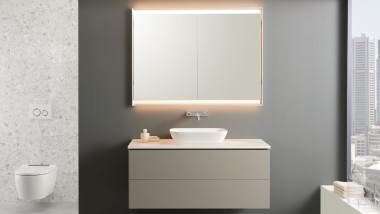 Lavabo sobre encimera Geberit ONE con mueble bajo en greige