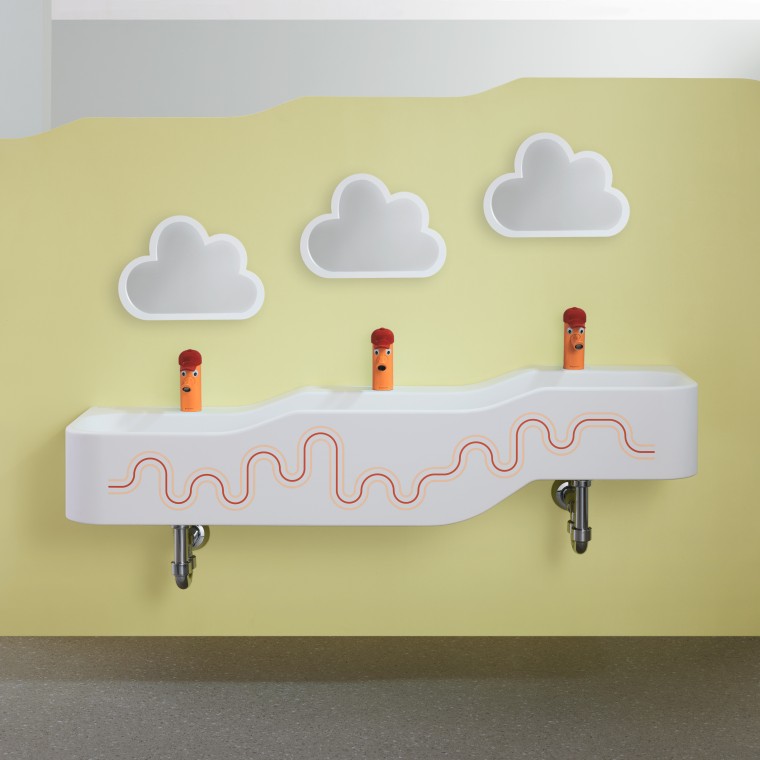 Espacio para jugar y lavarse Geberit Bambini en rojo carmín y naranja