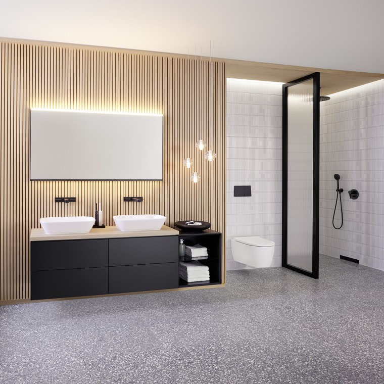 Mueble bajo para lavabo Geberit ONE con módulo lateral abierto Mueble bajo para lavabo Geberit ONE con módulo lateral abierto