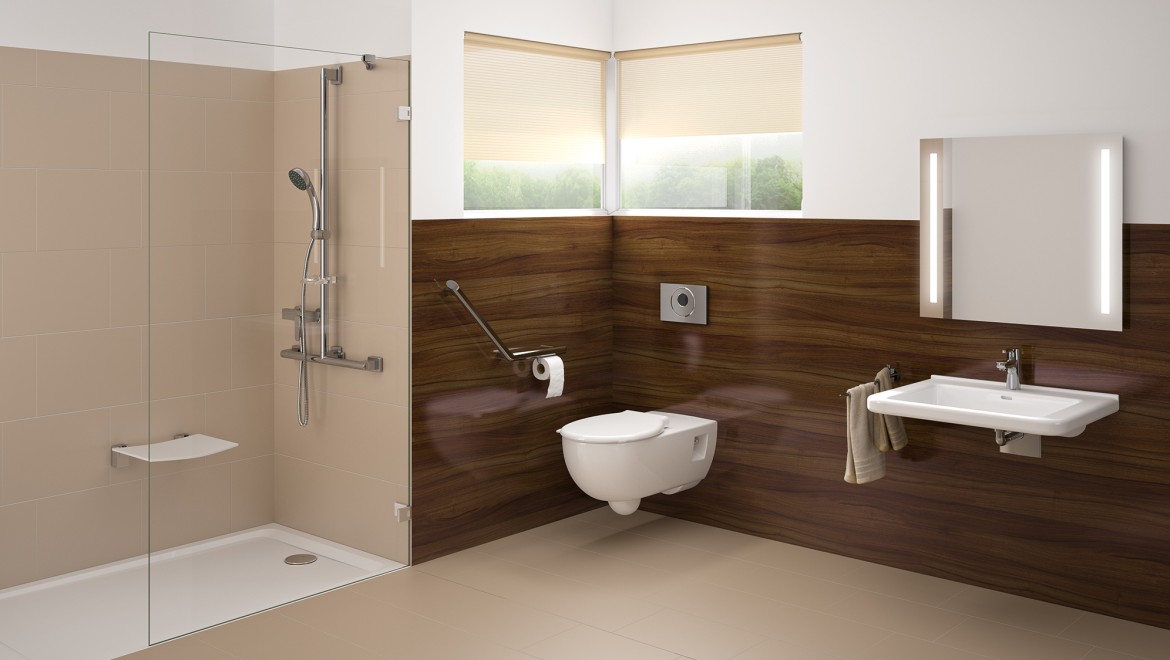 Baño sin barreras con lavabo, inodoro y ducha de obra a ras del suelo Baño sin barreras con lavabo, inodoro y ducha de obra a ras del suelo