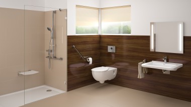 Baño sin barreras con zona de lavabo, inodoro y ducha a ras de suelo