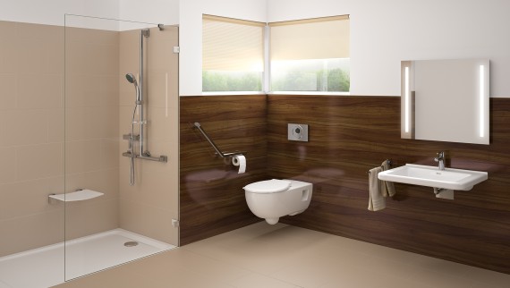Baño sin barreras con zona de lavabo, inodoro suspendido y ducha integrada en el pavimento