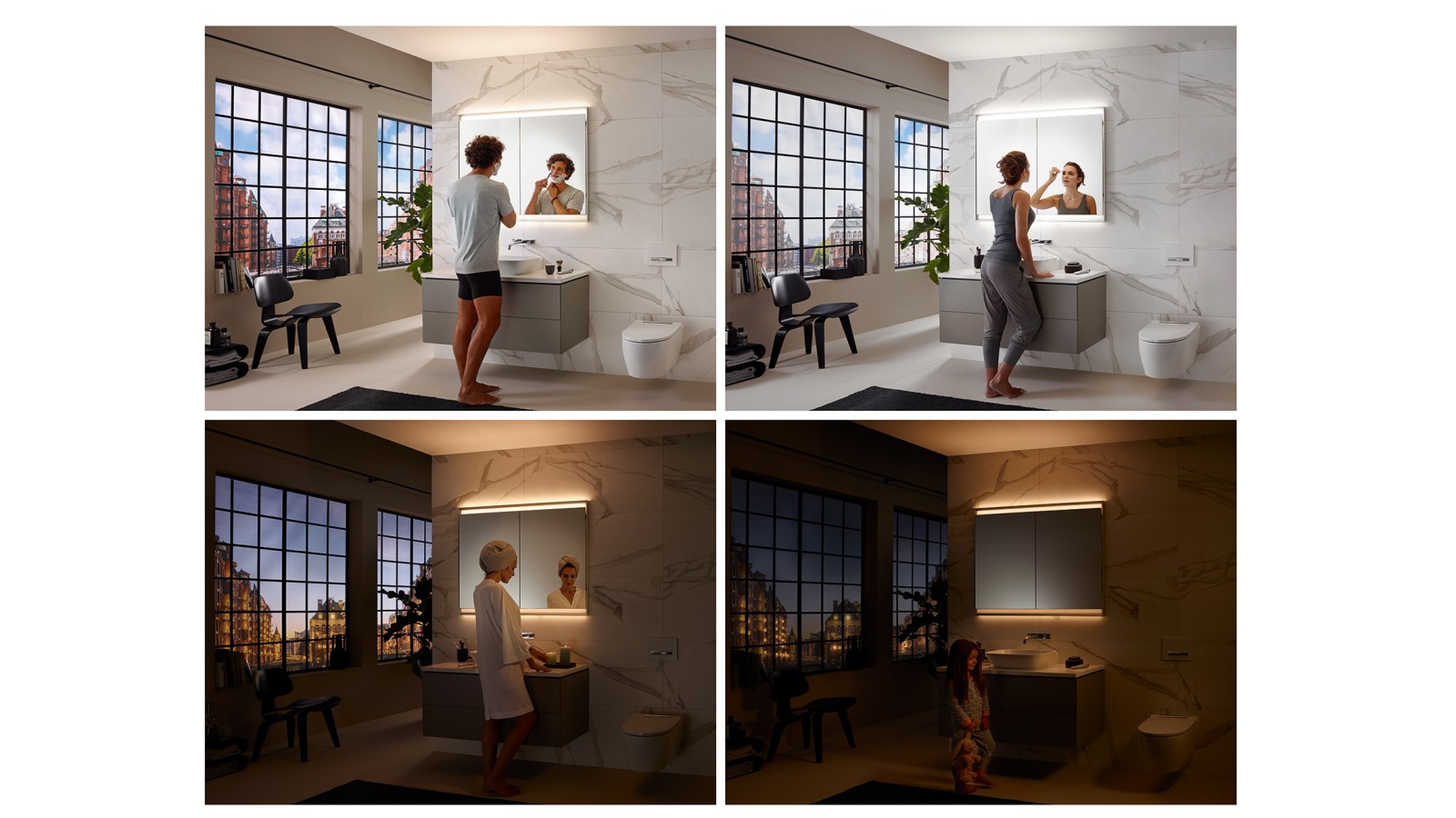 Diferentes ambientes de iluminación en el baño con el sistema Geberit ComfortLight (© Geberit)
