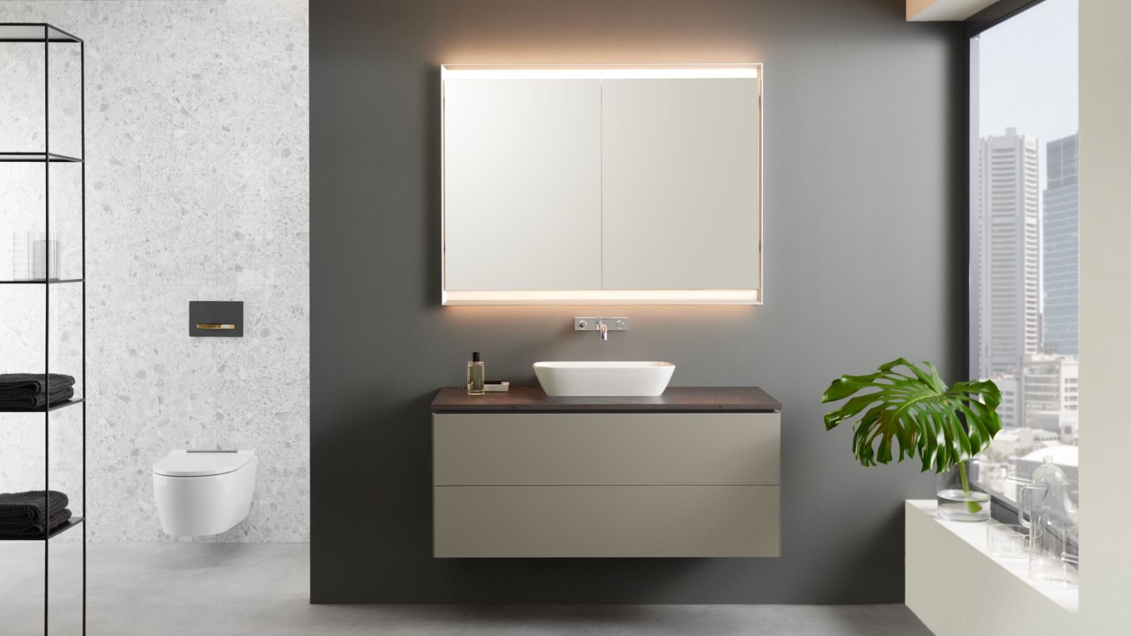 Mueble bajo para lavabo Geberit ONE en color greige con mecanismo push-to-open Mueble bajo para lavabo Geberit ONE en color greige con mecanismo push-to-open