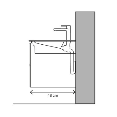 Esquema del lavabo con proyección de 48 cm y desagüe horizontal