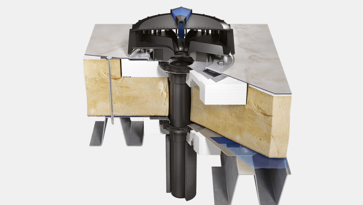 Entrada Geberit Pluvia en tejado térmico con conexión a barrera de vapor y lámina plástica como superficie portadora de agua Entrada Geberit Pluvia en tejado térmico con conexión a barrera de vapor y lámina plástica como superficie portadora de agua