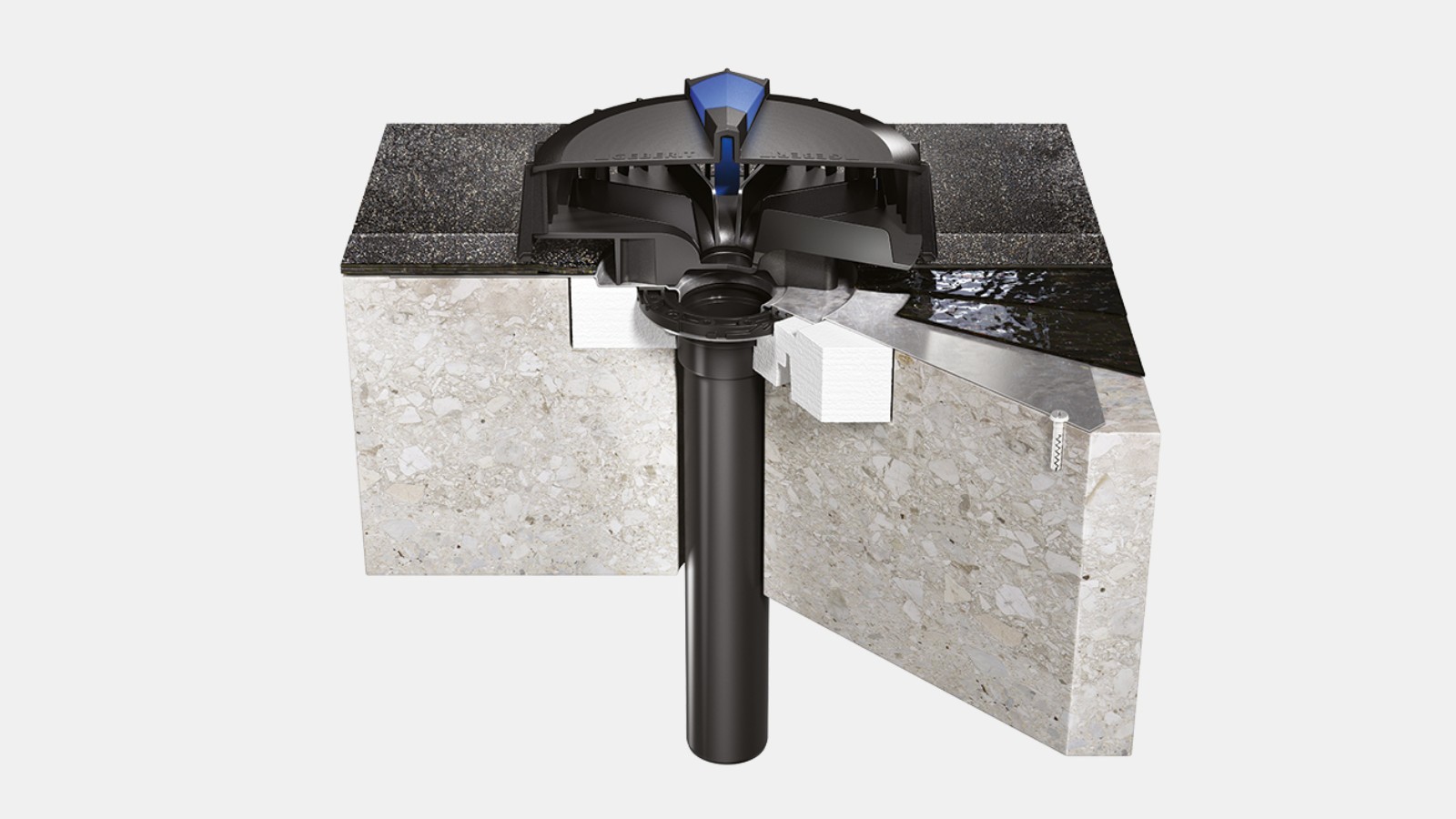 Entrada Geberit Pluvia en tejado de hormigón con betún como superficie portadora de agua Entrada Geberit Pluvia en tejado de hormigón con betún como superficie portadora de agua
