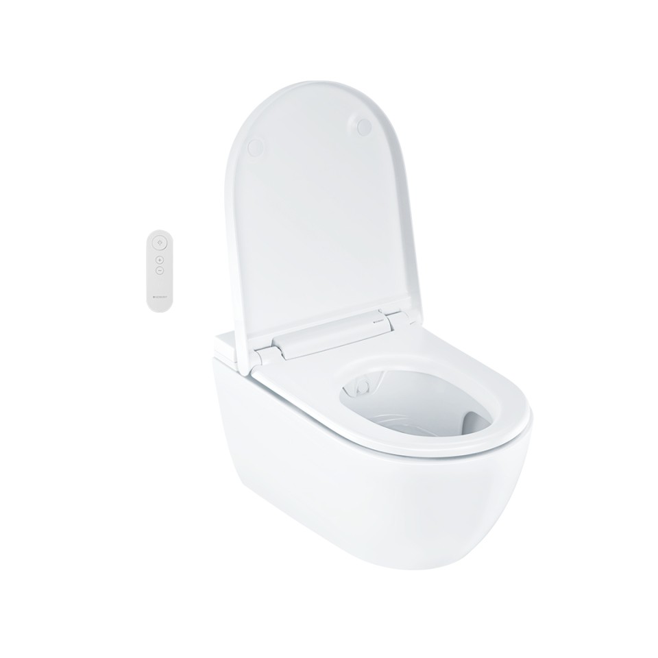 Geberit AquaClean Alba con tapa del inodoro abierta Geberit AquaClean Alba con tapa del inodoro abierta