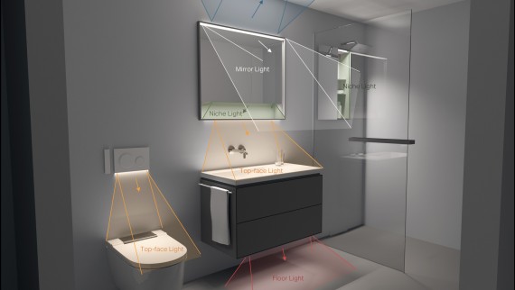 La imagen muestra diferentes zonas iluminadas en el baño: en el WC, lavabo y ducha (© Tribcraft)