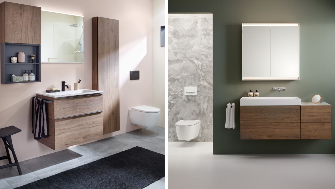 Dos baños Geberit con diferentes colores de pared en rosa y verde oscuro Dos baños Geberit con diferentes colores de pared en rosa y verde oscuro