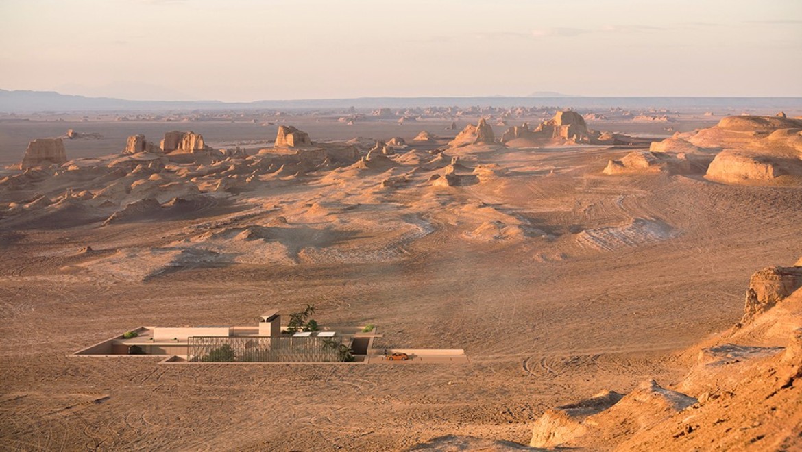 The H.O.M.E. Haus 2022 en el desierto. La tradicional torre de vientos, badgir, se alza desde el suelo como una majestuosa escultura (© Bloomrealities/HTA für H.O.M.E. Haus 2022)