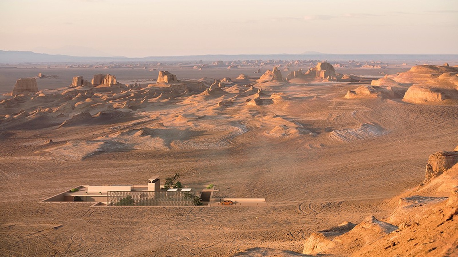 The H.O.M.E. Haus 2022 en el desierto. La tradicional torre de vientos, badgir, se alza desde el suelo como una majestuosa escultura (© Bloomrealities/HTA für H.O.M.E. Haus 2022)