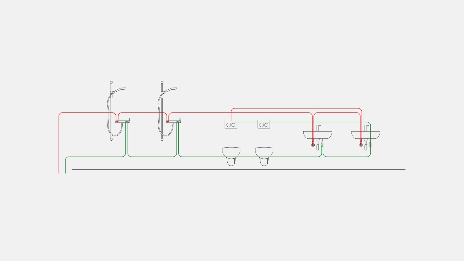 Ejemplo de tuberías de agua potable para control de intervalo con descarga higiénica Geberit integrada en la cisterna empotrada