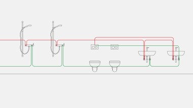 Ejemplo de tuberías de agua potable para control de intervalo con descarga higiénica Geberit integrada en la cisterna empotrada