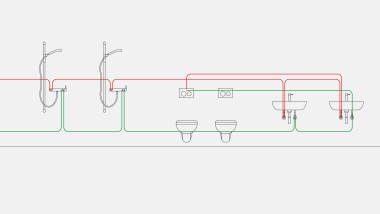 Ejemplo de tuberías de agua potable para control de intervalo con descarga higiénica Geberit integrada en la cisterna empotrada