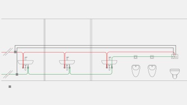 Ejemplo de tuberías de agua potable para control de temperatura con descarga higiénica Geberit integrada en la cisterna empotrada