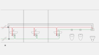 Ejemplo de tuberías de agua potable para control de temperatura con descarga higiénica Geberit integrada en la cisterna empotrada