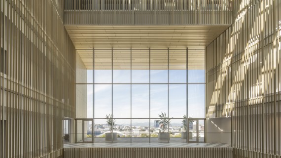 El atrio está revestido con perfiles de aluminio anodizado dorado, cuyos tonos cambian según el movimiento del sol (© Ana Skobe) El atrio está revestido con perfiles de aluminio anodizado dorado, cuyos tonos cambian según el movimiento del sol (© Ana Skobe)