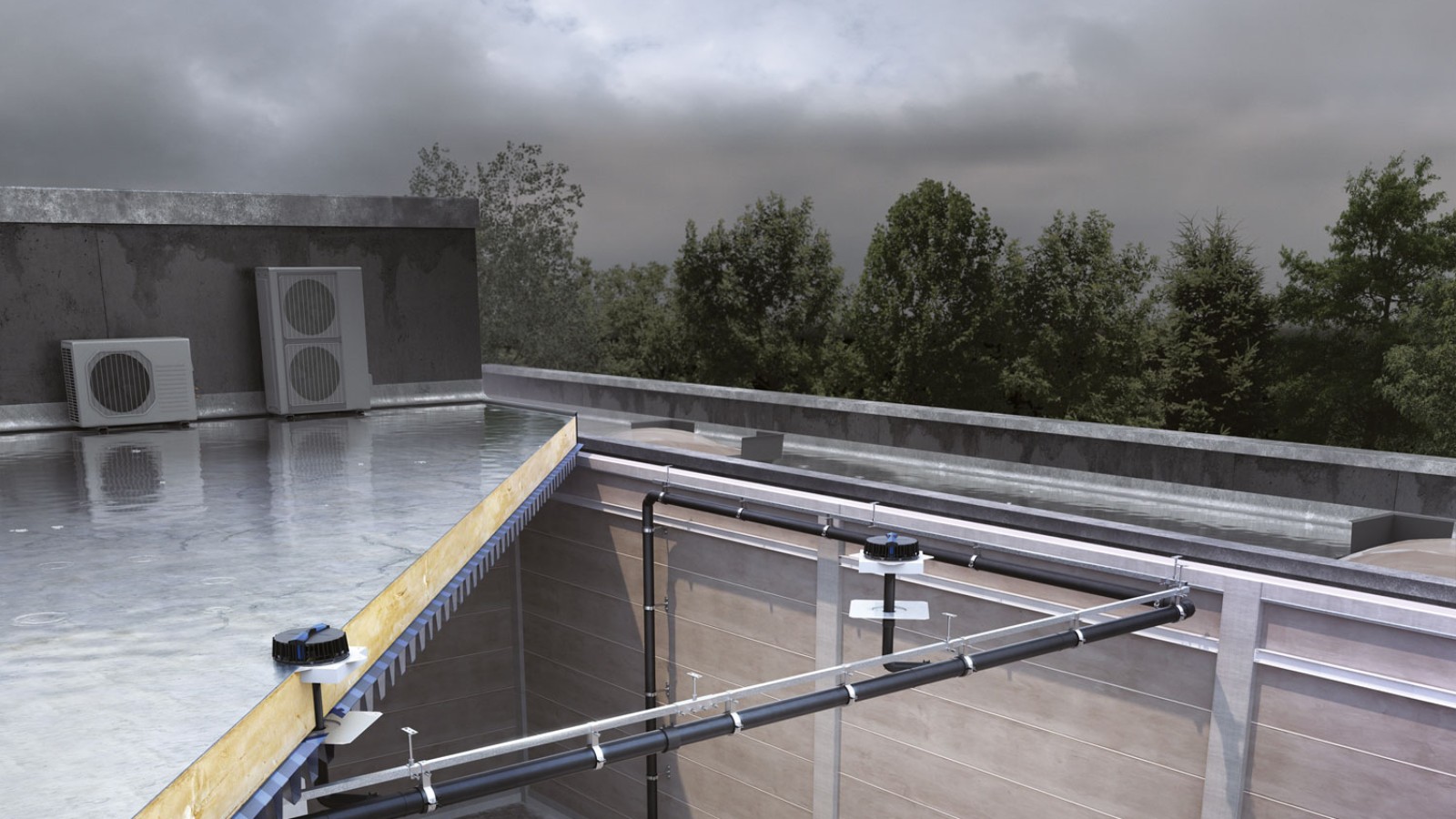 El sistema sifónico de evacuación de cubiertas Pluvia puede llevar a cabo el desagüe de las tres torres con relativamente pocos sumideros (© Geberit)