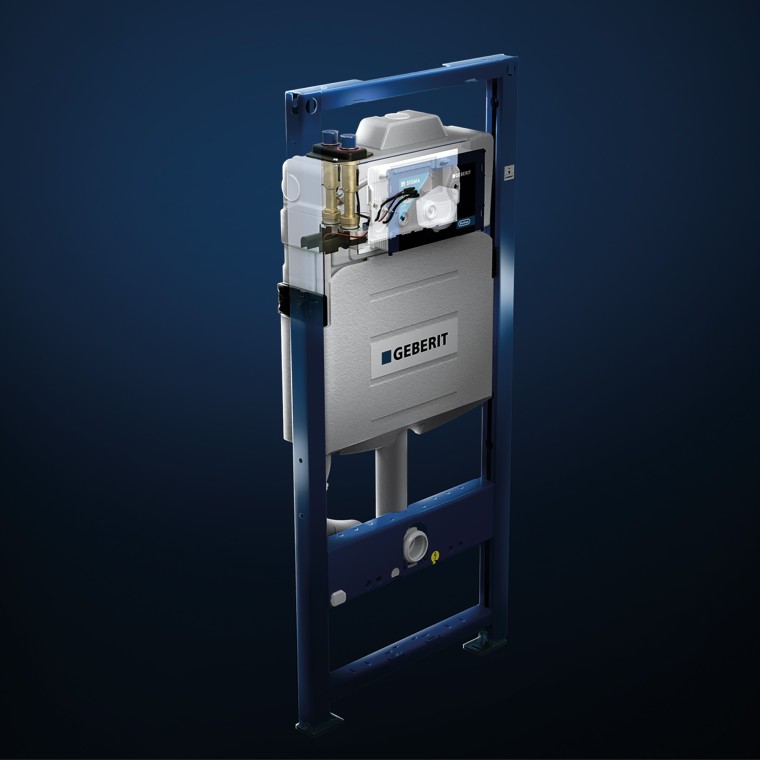 Cisterna empotrada Geberit Sigma con unidad de descarga higiénica integrada. Cisterna empotrada Geberit Sigma con unidad de descarga higiénica integrada.