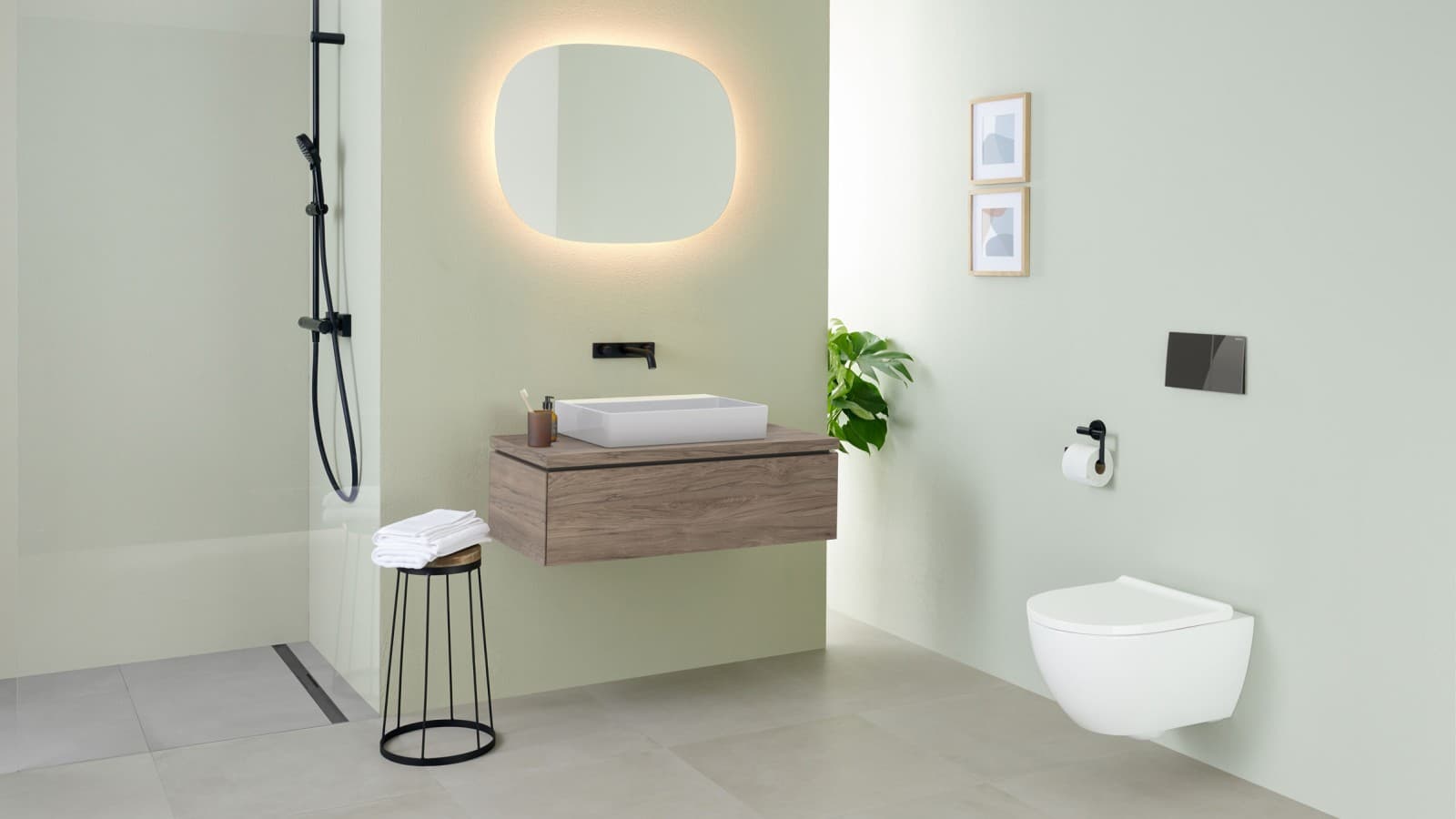 Lavabo Geberit ONE con espejo Geberit Option, ovalado Lavabo Geberit ONE con espejo Geberit Option, ovalado
