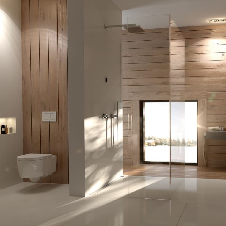 Baño Geberit con paneles de madera Baño Geberit con paneles de madera