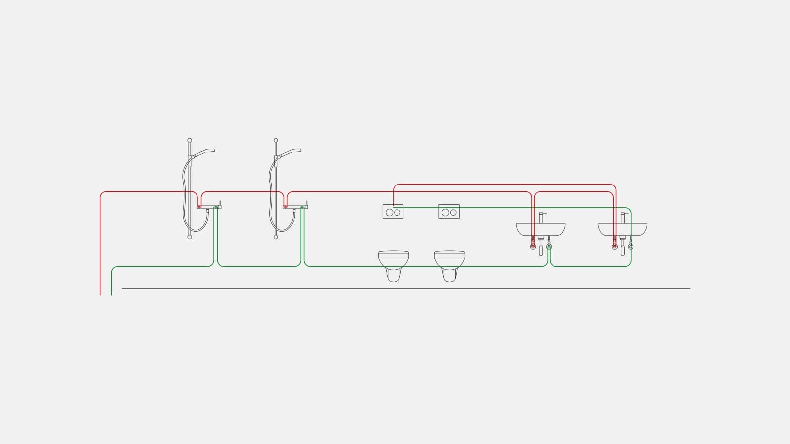 Ejemplo de tuberías de agua potable para control de intervalo con descarga higiénica Geberit integrada en la cisterna empotrada Ejemplo de tuberías de agua potable para control de intervalo con descarga higiénica Geberit integrada en la cisterna empotrada