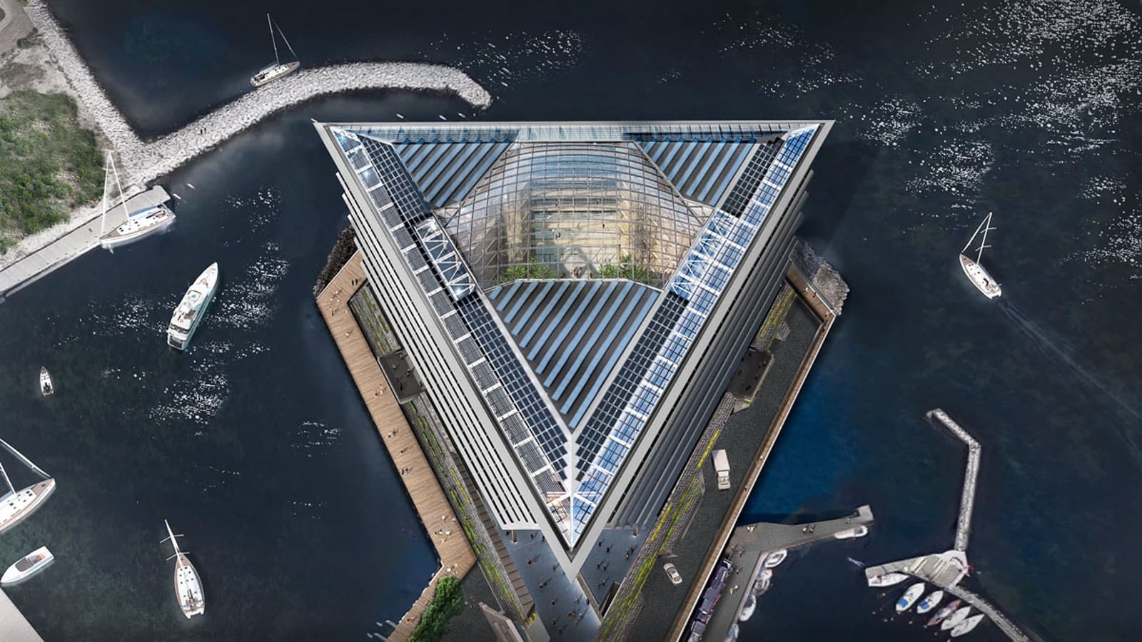 La construcción de la cubierta triangular, incluida la cúpula de cristal, tiene que resistir el viento y las inclemencias del tiempo a pesar de lo expuesta que está debido a su ubicación (©Foster&Partners) La construcción de la cubierta triangular, incluida la cúpula de cristal, tiene que resistir el viento y las inclemencias del tiempo a pesar de lo expuesta que está debido a su ubicación (©Foster&Partners)