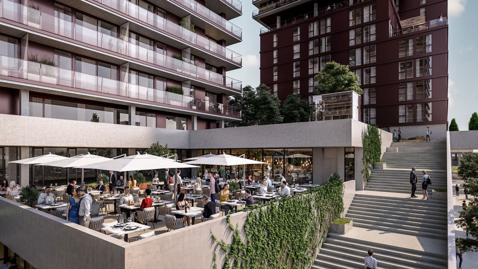 Las terrazas en la azotea y la gastronomía forman parte de la oferta (© Soravia) Las terrazas en la azotea y la gastronomía forman parte de la oferta (© Soravia)